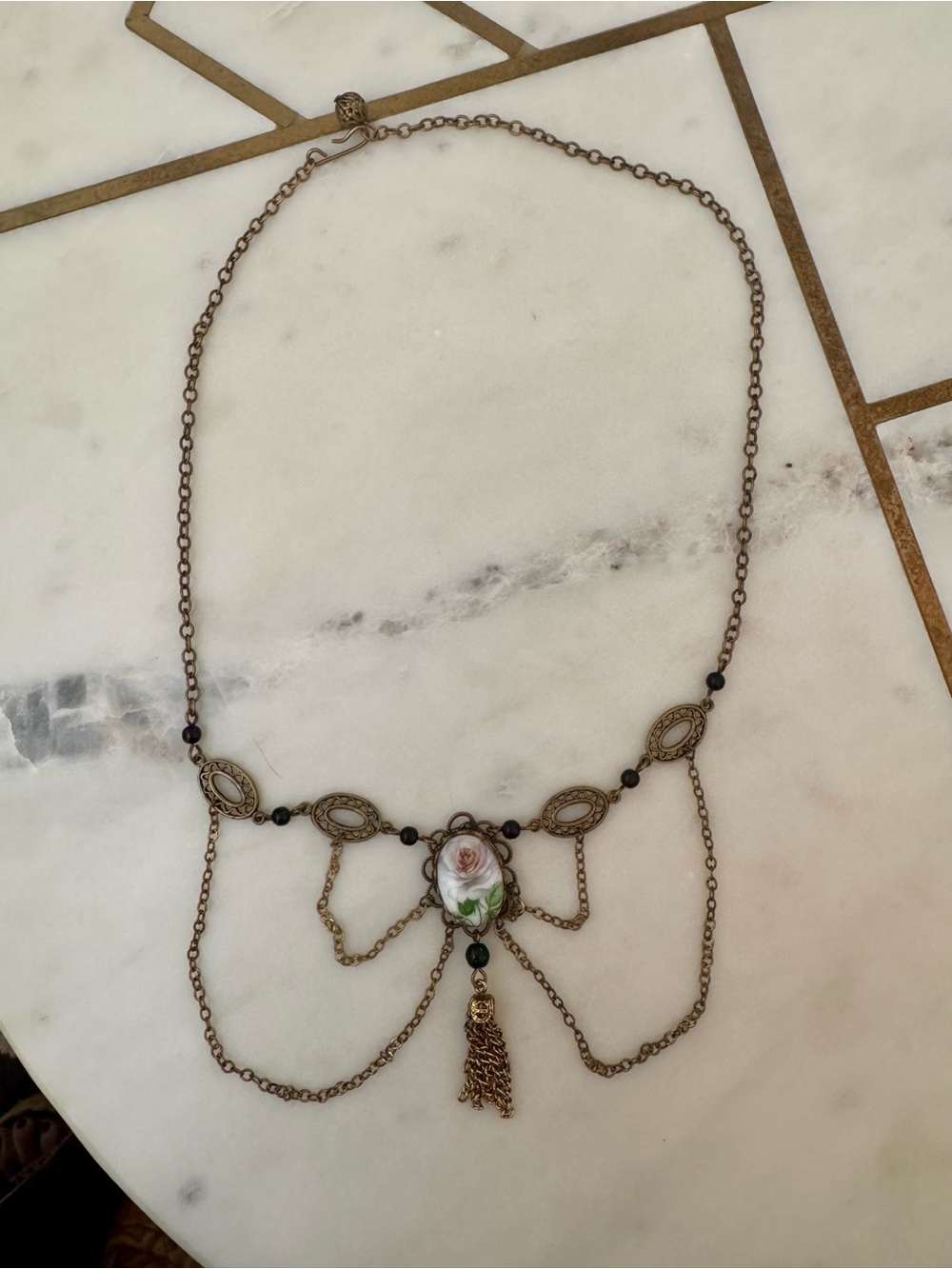 Vintage Victorian Antique Bronze-Tone Chain Necklace with Porcelain Rose Pendant
